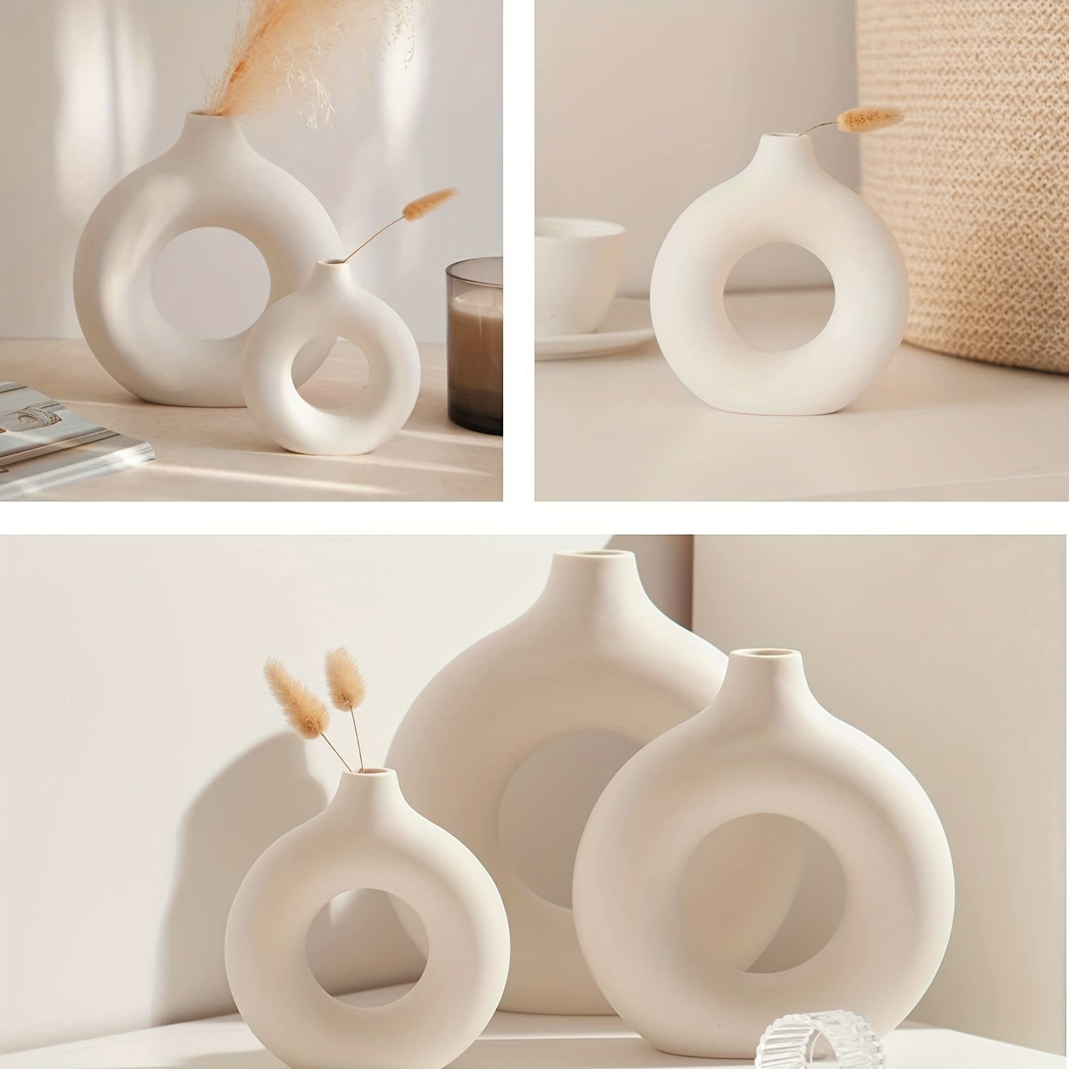 1pc Contemporary Ceramic Vase, Round Circle Design, Creative Ceramic Craft, Living Room Decor, Cross-Border Bestseller, 5.12*5.51inch Decorative Flower Vase
