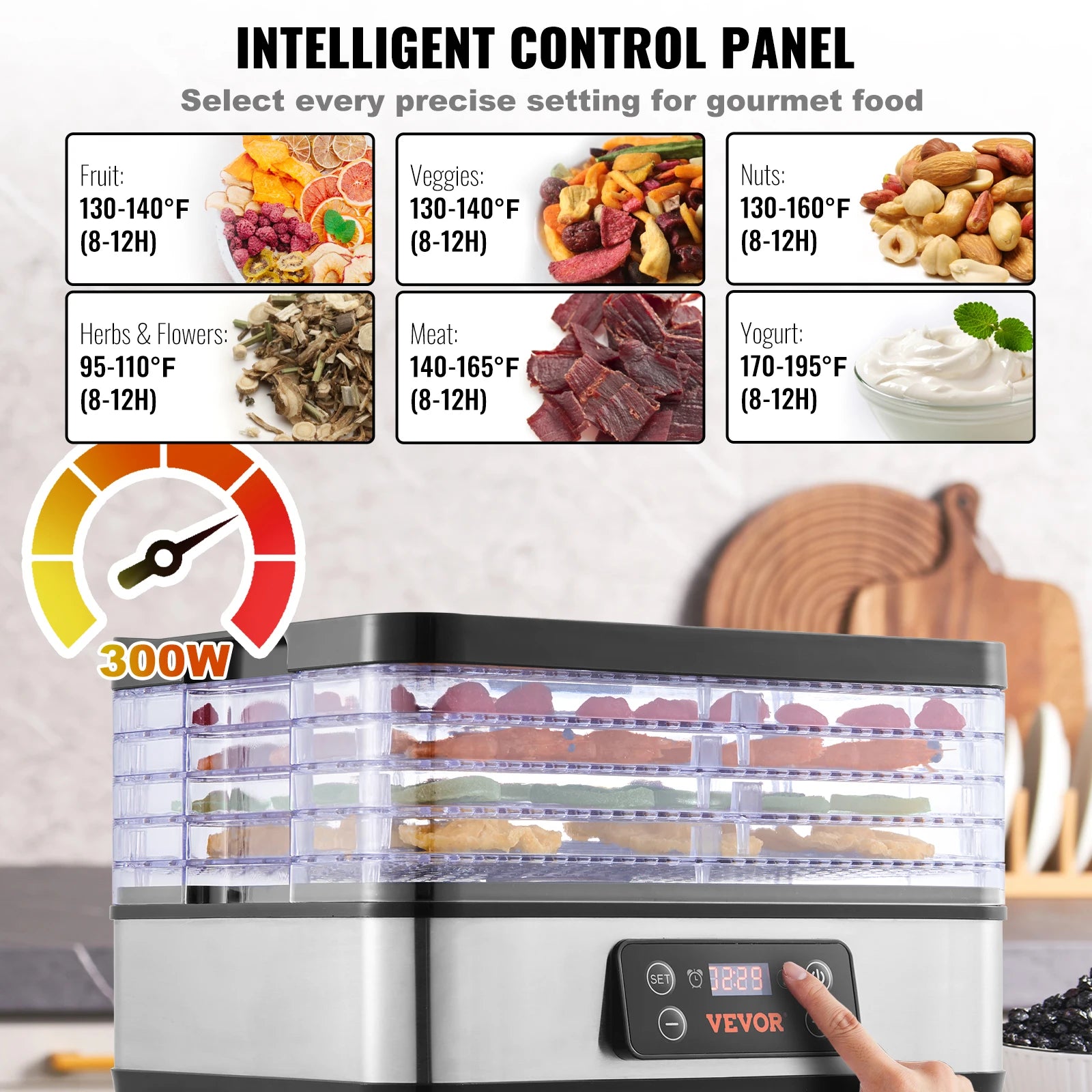 SucceBuy 5 Tray Food Dehydrator Machine 300W Stainless Steel Electric Food Dryer w/ Digital Adjustable Timer & Temperature