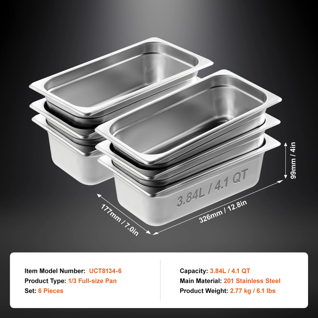 SucceBuy 6/8Pack Hotel Pans 4/6-Inch Deep Steam Table Pans 1/6 1/3 Full Size Chafing Pan 201 Stainless Steel Catering Food Pan
