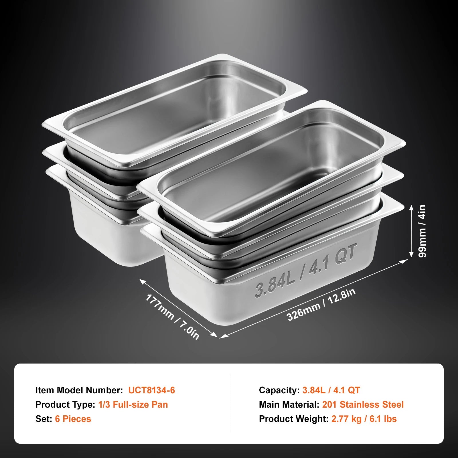 SucceBuy 6/8Pack Hotel Pans 4/6-Inch Deep Steam Table Pans 1/6 1/3 Full Size Chafing Pan 201 Stainless Steel Catering Food Pan