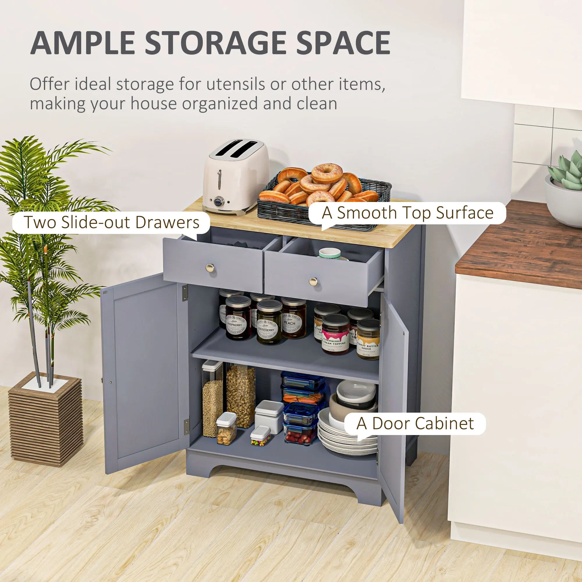 Kitchen Storage Cupboard Organizer Cabinet W/2 Drawers & Adjustable Shelf, White