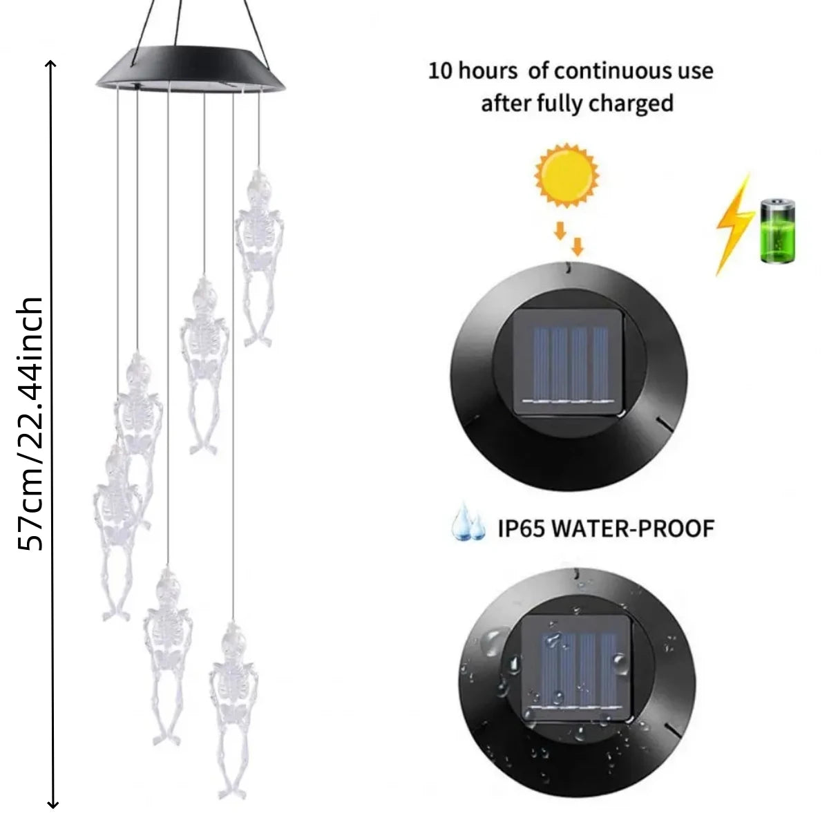 1PC Halloween 6LED Skull Wind Chime Lamp Solar Powered Hanging Atmosphere Decorative Color Changing Light Suitable For Home