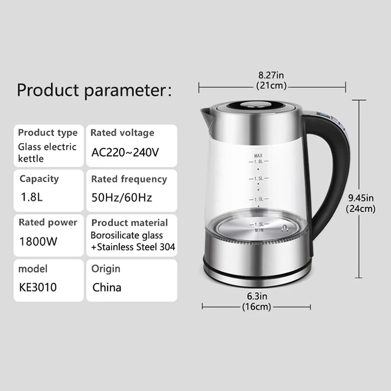 Smart Thermostatic Glass Electric Kettle 1.8L Capacity Automatic Thermostat Suitable for Home, Office, Hotel