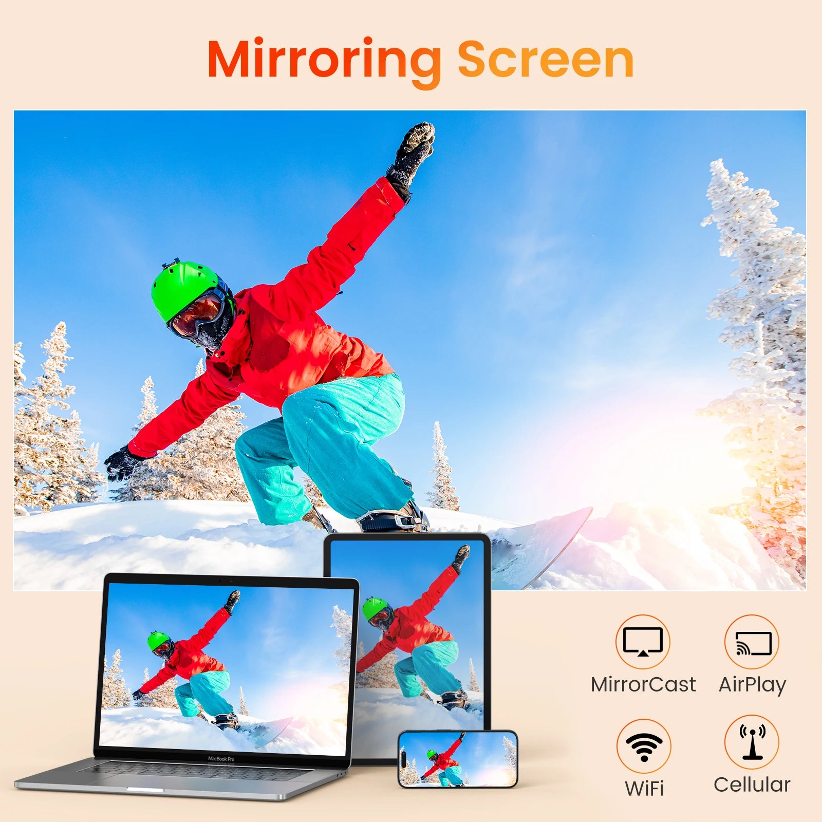 HAPPRUN 12000L 1080P WiFi Bluetooth Projector with Screen, One-Step Mirroring, Outdoor Portable Projector for Phone/HDMI/TV