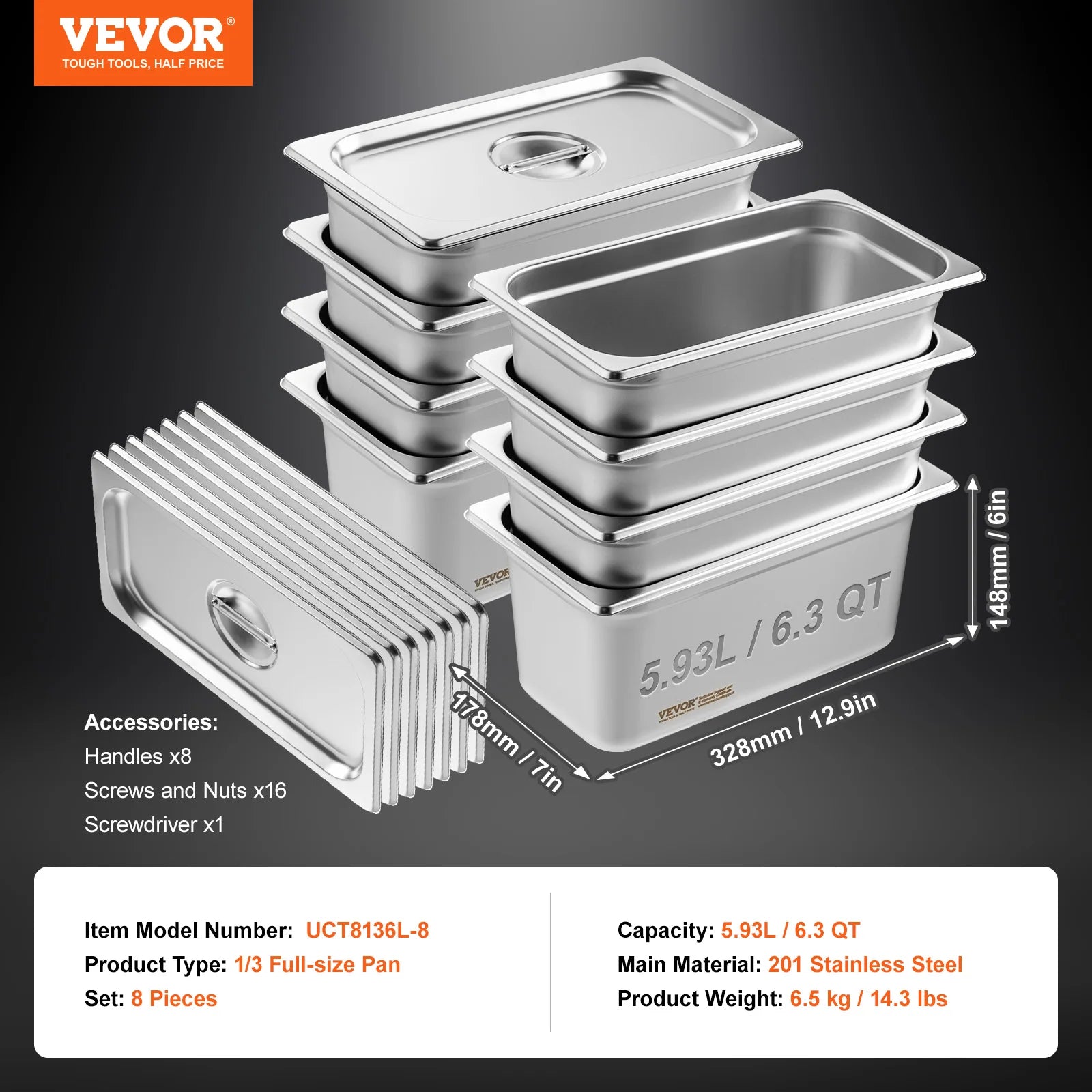 SucceBuy 6/8Pack Hotel Pans 4/6-Inch Deep Steam Table Pans 1/6 1/3 Full Size Chafing Pan 201 Stainless Steel Catering Food Pan