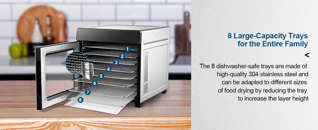 8-Tray Stainless Steel,600W with 4 Presets & Digital Timer for Jerky, Fruit, Herbs - Dishwasher Safe, BPA Free Food Dehydrator