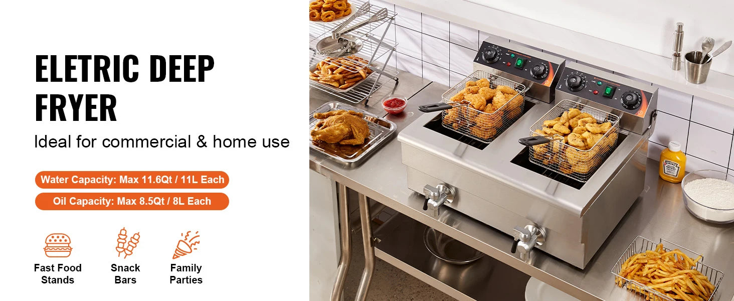 SucceBuy  12L Electric Deep Fryer w/Dual Removable Tanks Commercial Countertop  Fryer for Chicken French Fries Frying Chips