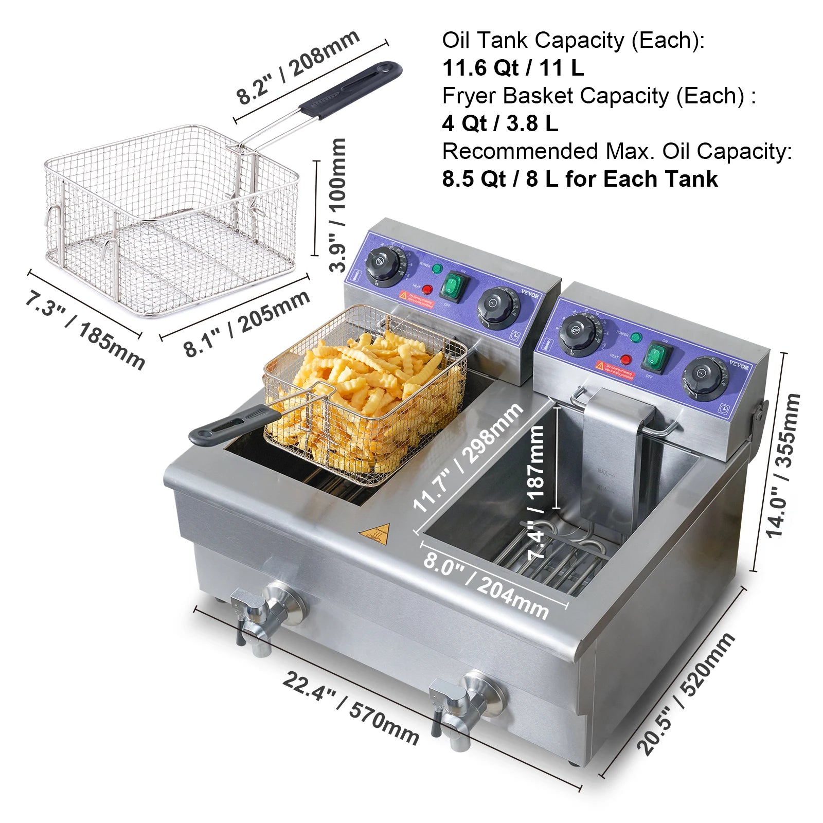 VEVOR  12L 5000W Electric Deep Fryer w/Dual Removable Tanks Commercial Countertop  Fryer for Chicken French Fries Frying Chips
