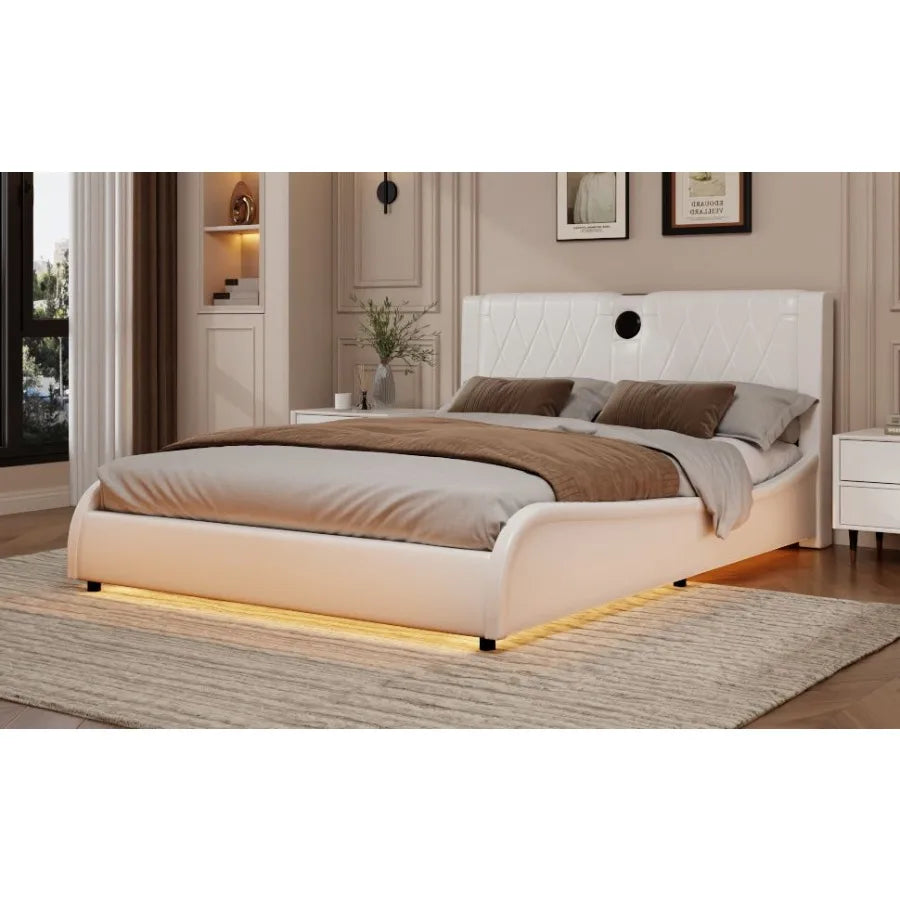 Queen Size Luxurious Faux Leather Upholstered Platform Bed with Thickened board Bluetooth Speakers and RGB LED Light No Box Spr