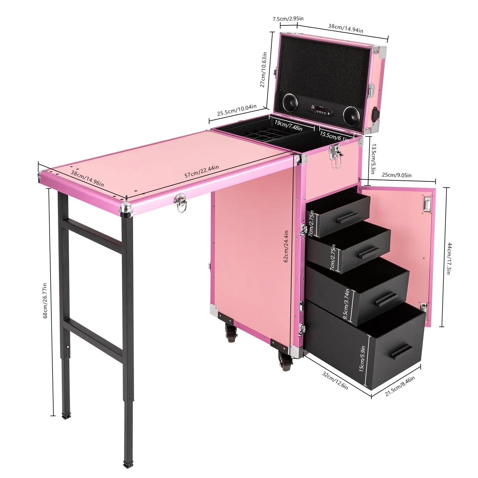 Rolling Manicure Desk Makeup Train Case, Travel Cosmetic Trolley, Storage Organizer Forhair Stylists Pet Groomers Makeup Artists