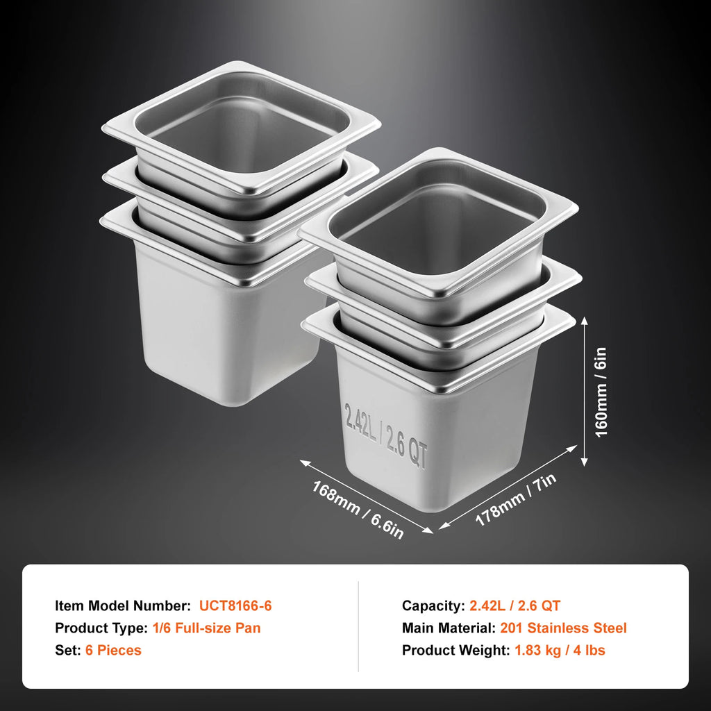 SucceBuy 6/8Pack Hotel Pans 4/6-Inch Deep Steam Table Pans 1/6 1/3 Full Size Chafing Pan 201 Stainless Steel Catering Food Pan