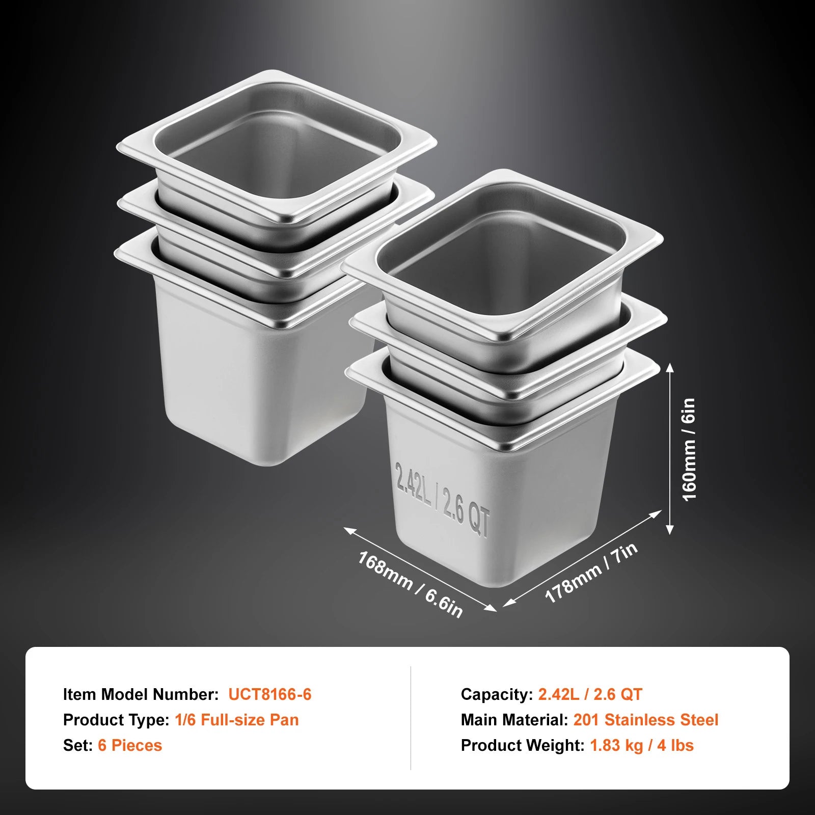 SucceBuy 6/8Pack Hotel Pans 4/6-Inch Deep Steam Table Pans 1/6 1/3 Full Size Chafing Pan 201 Stainless Steel Catering Food Pan