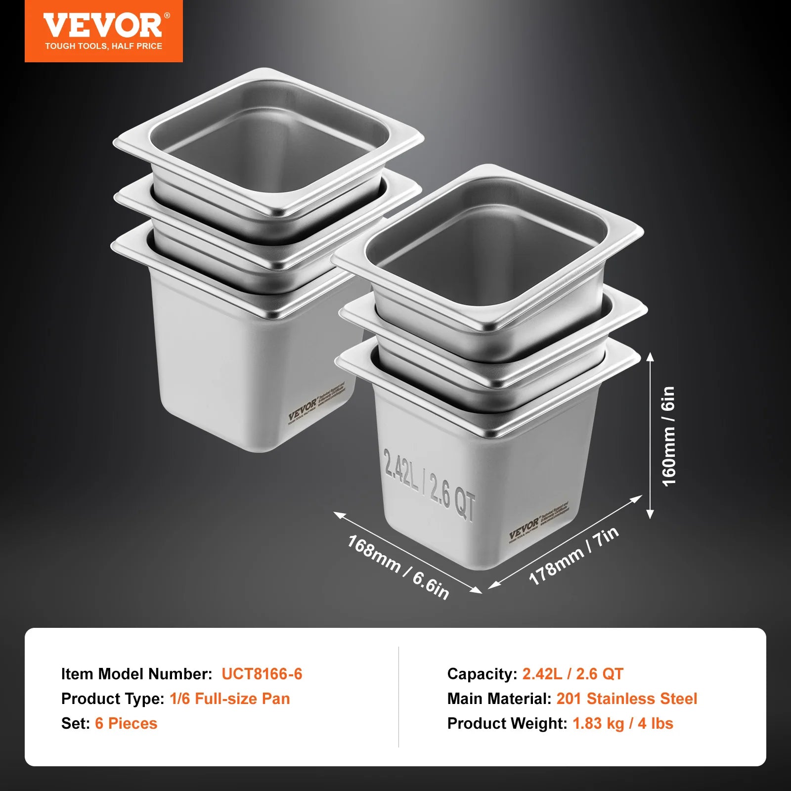 SucceBuy 6/8Pack Hotel Pans 4/6-Inch Deep Steam Table Pans 1/6 1/3 Full Size Chafing Pan 201 Stainless Steel Catering Food Pan