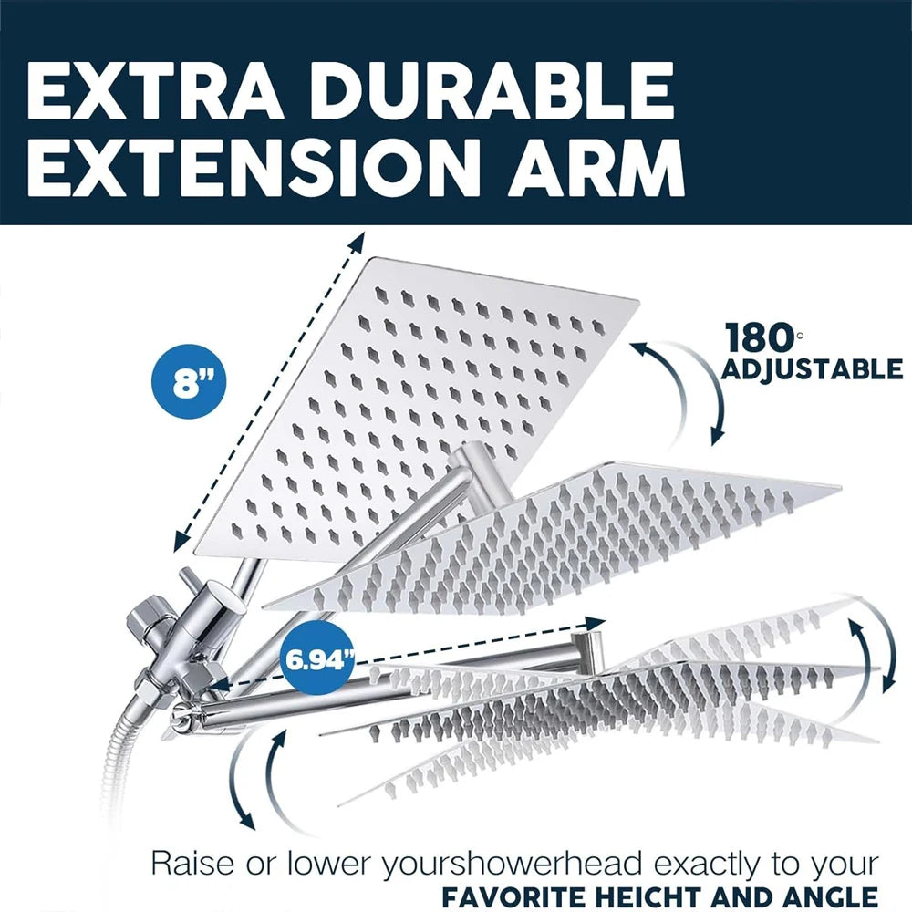 Shower Head Combo 8-12Inch High Pressure Rain Shower Head with Adjustable Extension Arm With 3-way Handheld Shower Spray