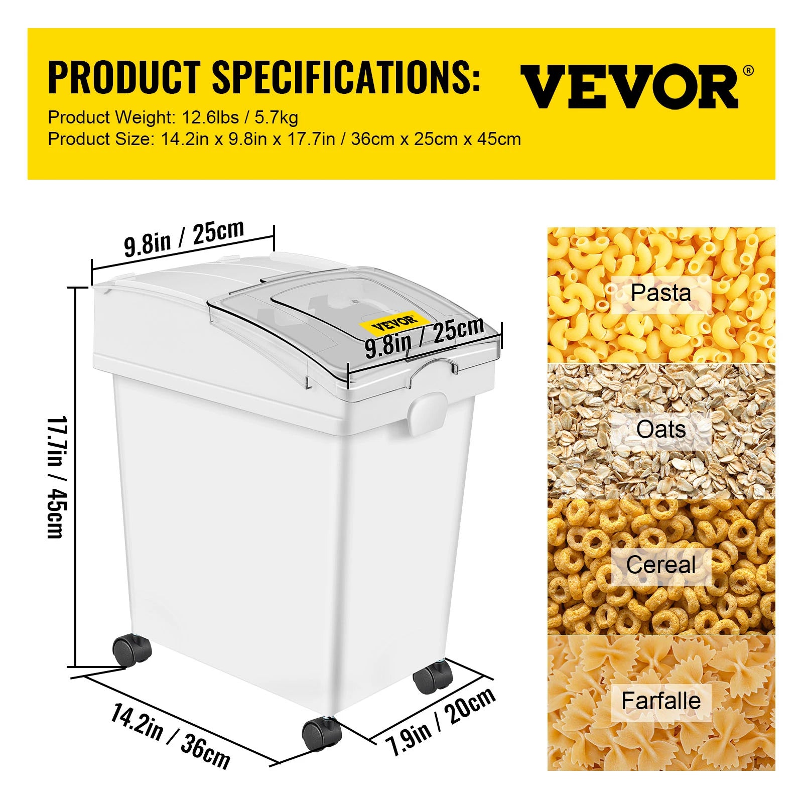 VEVOR 25L Dry Ingredient Storage Bin with Scoop Caster Dustproof Rice Flour Soybeans for Restaurant Kitchen Commercial