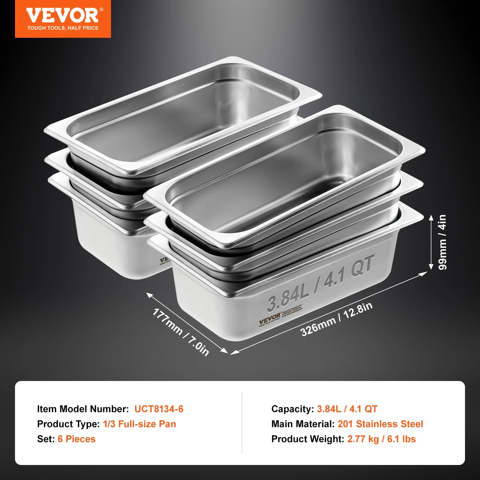SucceBuy 6/8Pack Hotel Pans 4/6-Inch Deep Steam Table Pans 1/6 1/3 Full Size Chafing Pan 201 Stainless Steel Catering Food Pan