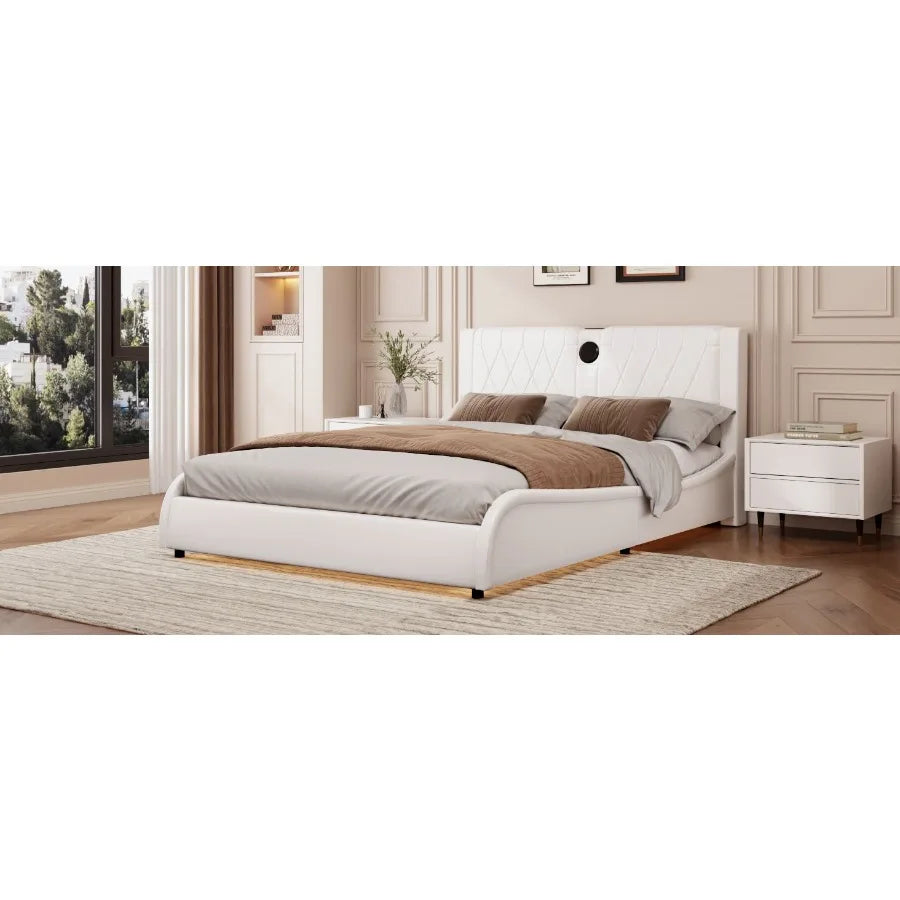Queen Size Luxurious Faux Leather Upholstered Platform Bed with Thickened board Bluetooth Speakers and RGB LED Light No Box Spr