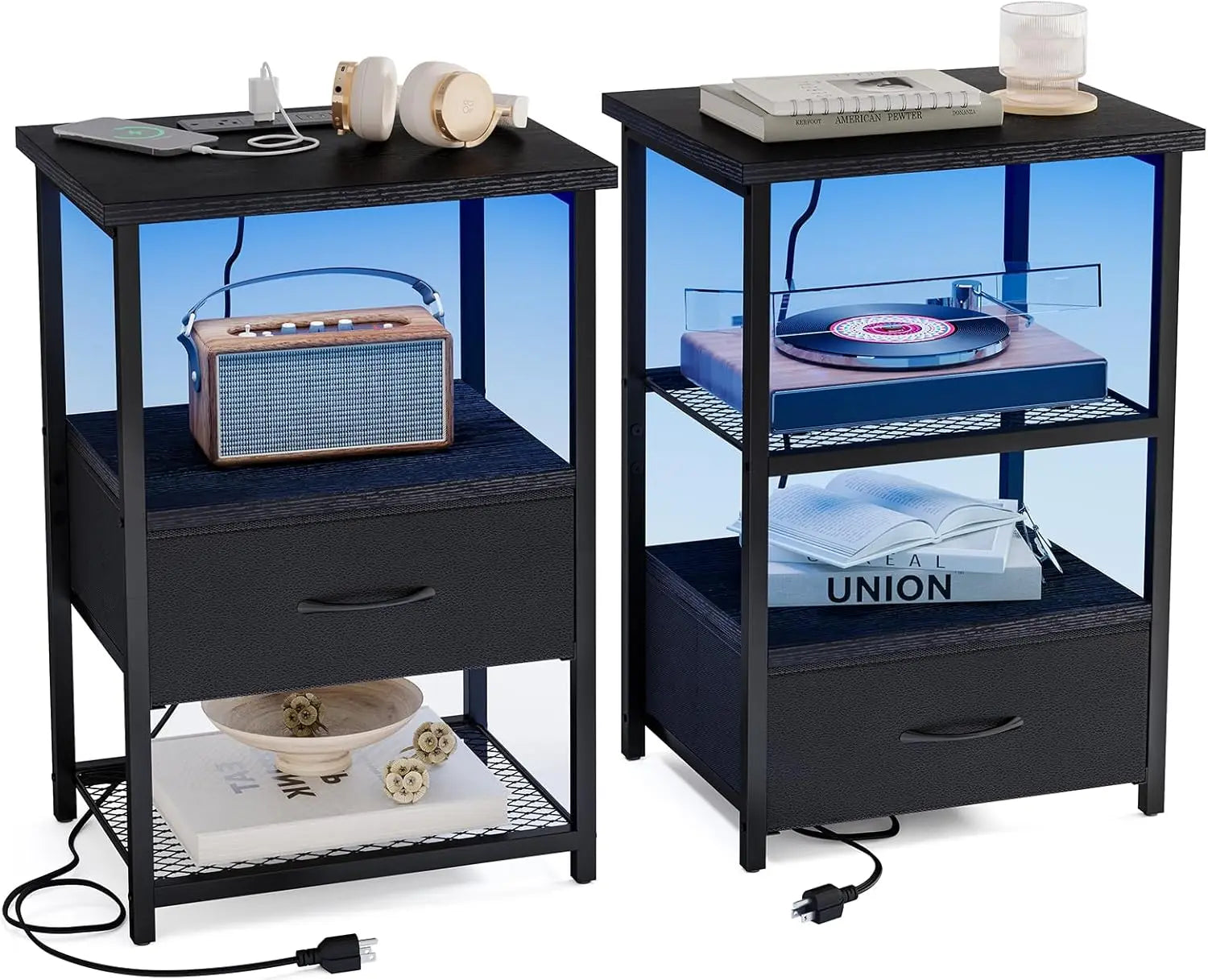 Night Stand Set of 2 with Charging Station, LED Nightstand with Fabric Drawers, End Table with PU Finish, Bed Side Table, Black