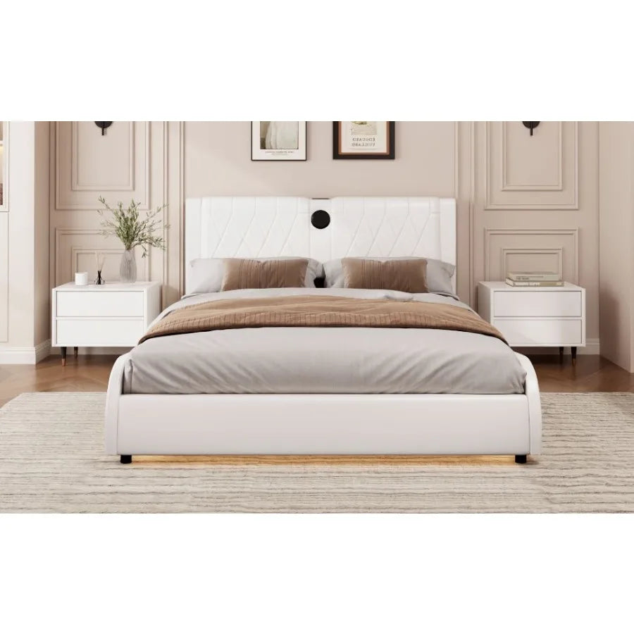 Queen Size Luxurious Faux Leather Upholstered Platform Bed with Thickened board Bluetooth Speakers and RGB LED Light No Box Spr
