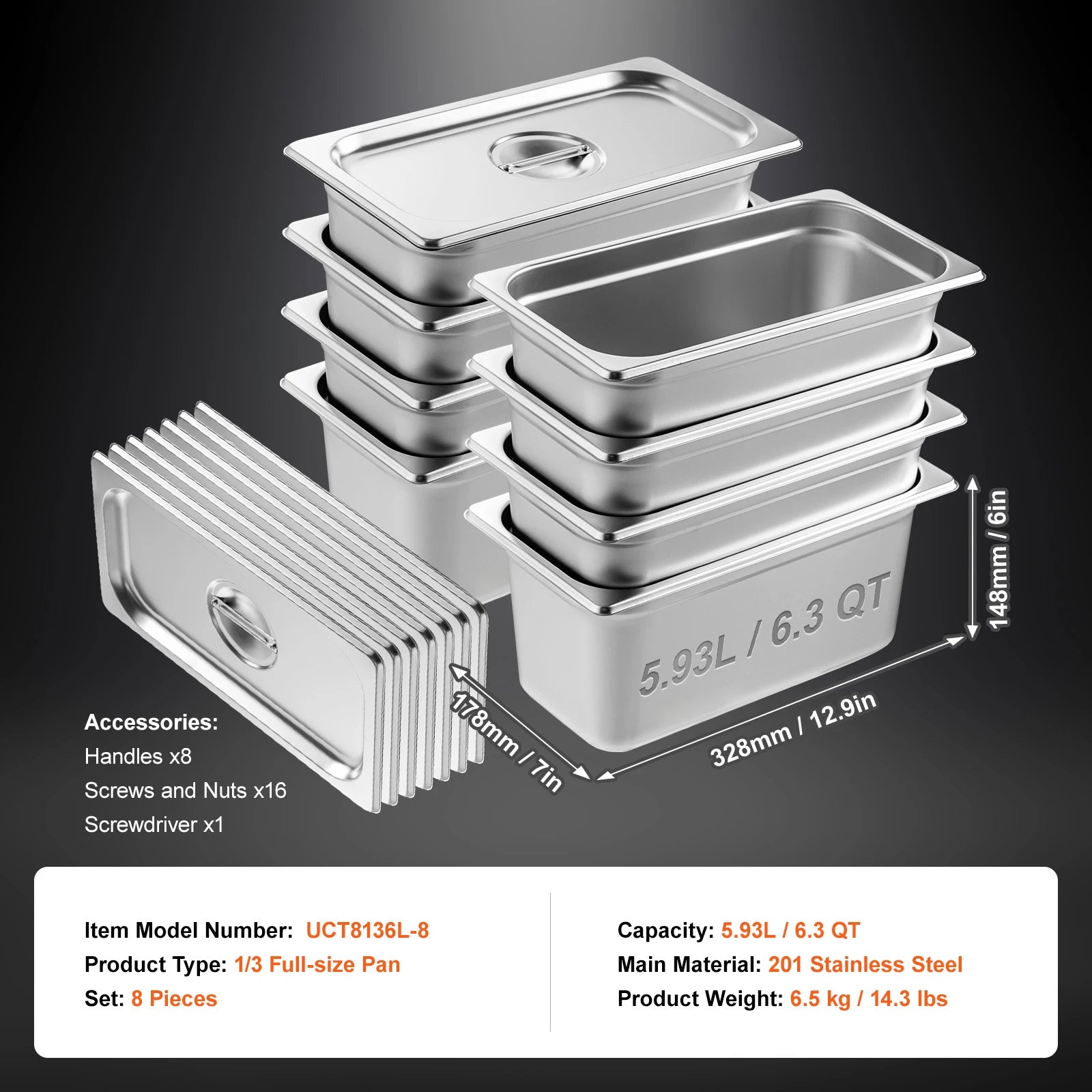 SucceBuy 6/8Pack Hotel Pans 4/6-Inch Deep Steam Table Pans 1/6 1/3 Full Size Chafing Pan 201 Stainless Steel Catering Food Pan