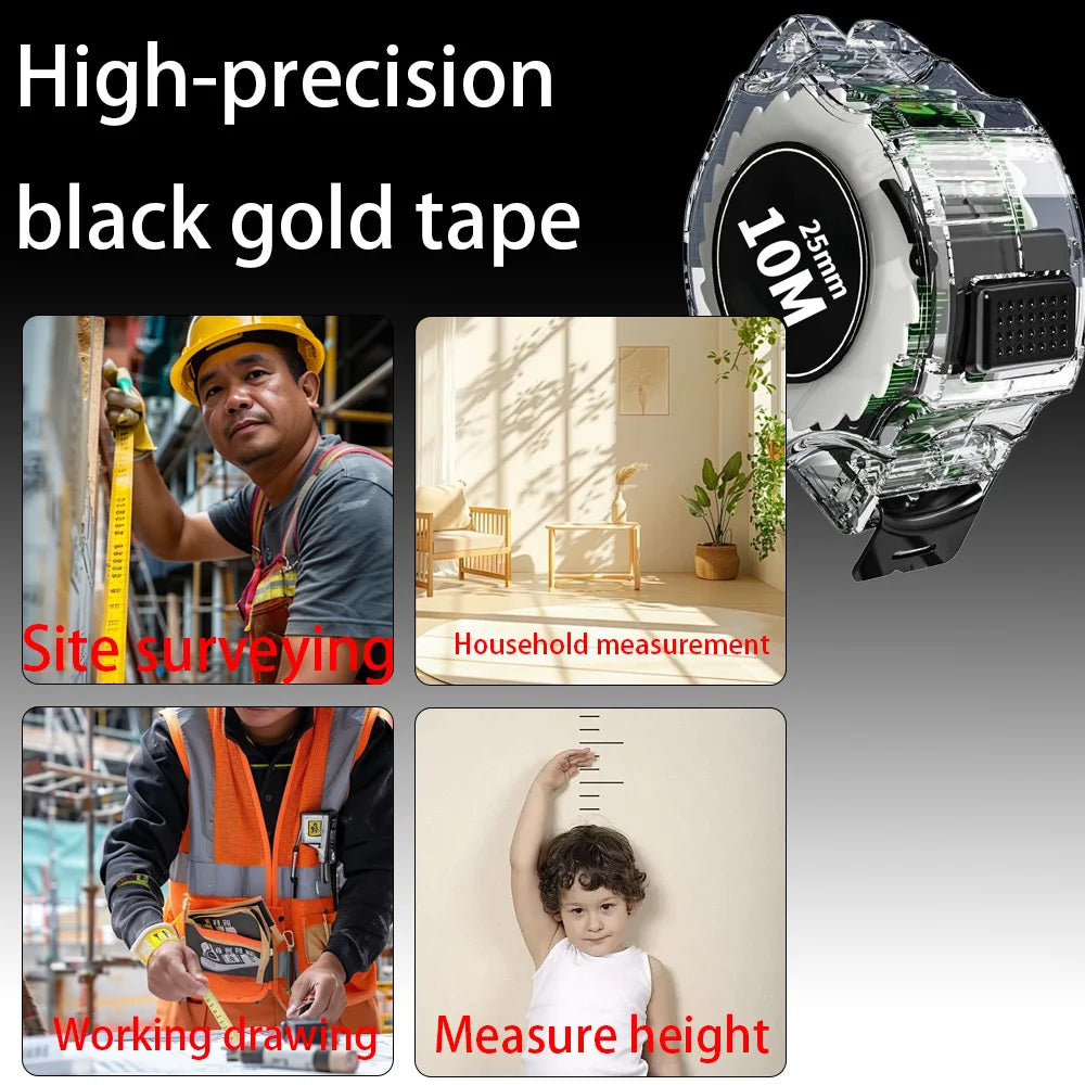 10M Black Fluorescent Tape Measure High Precision Thickened Tape Measure Wear-resistant and Drop-proof Tape Measure