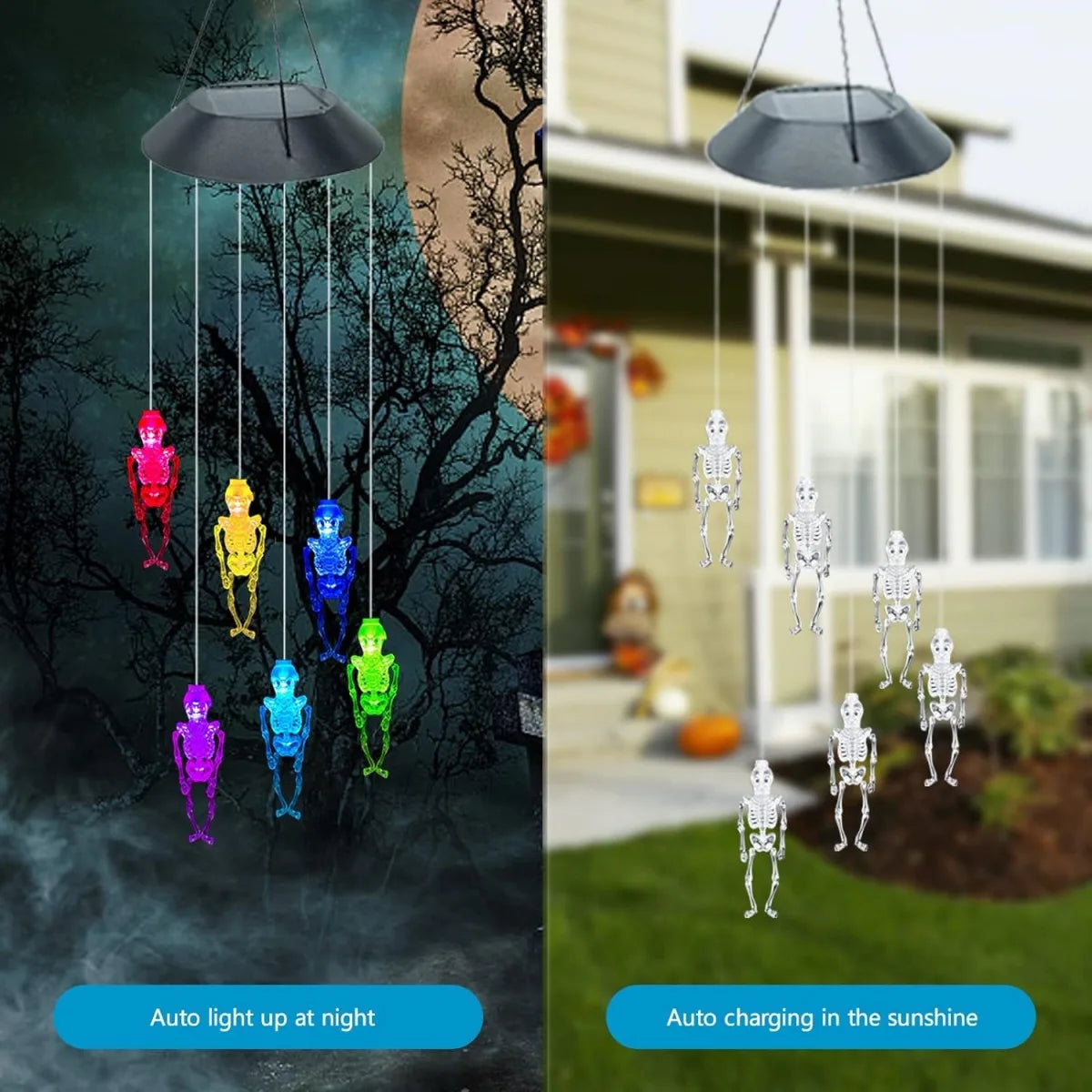 1PC Halloween 6LED Skull Wind Chime Lamp Solar Powered Hanging Atmosphere Decorative Color Changing Light Suitable For Home