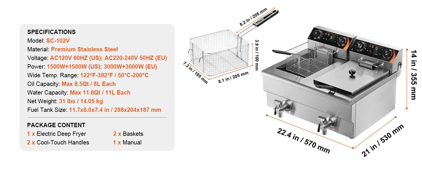 SucceBuy  12L Electric Deep Fryer w/Dual Removable Tanks Commercial Countertop  Fryer for Chicken French Fries Frying Chips