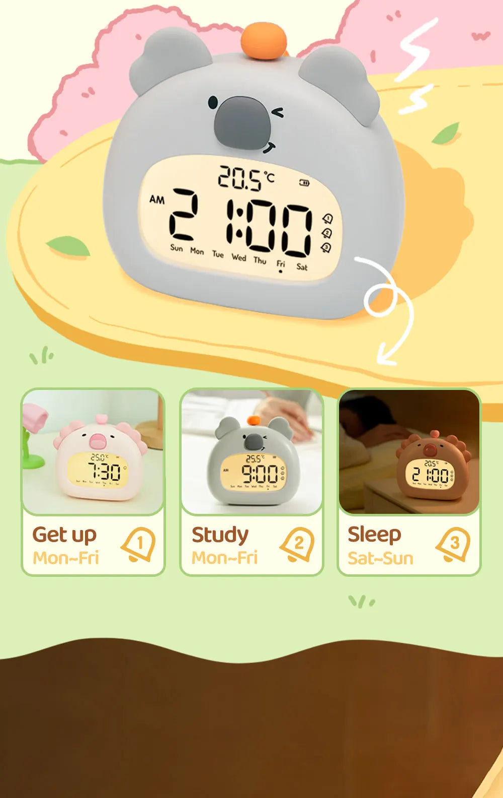 LED Alarm Clock With Night Light Multi-functional Timer Wake Up Alarm Clocks Capybara Axolotl Koala Bedroom Desk Decor Kids Gift