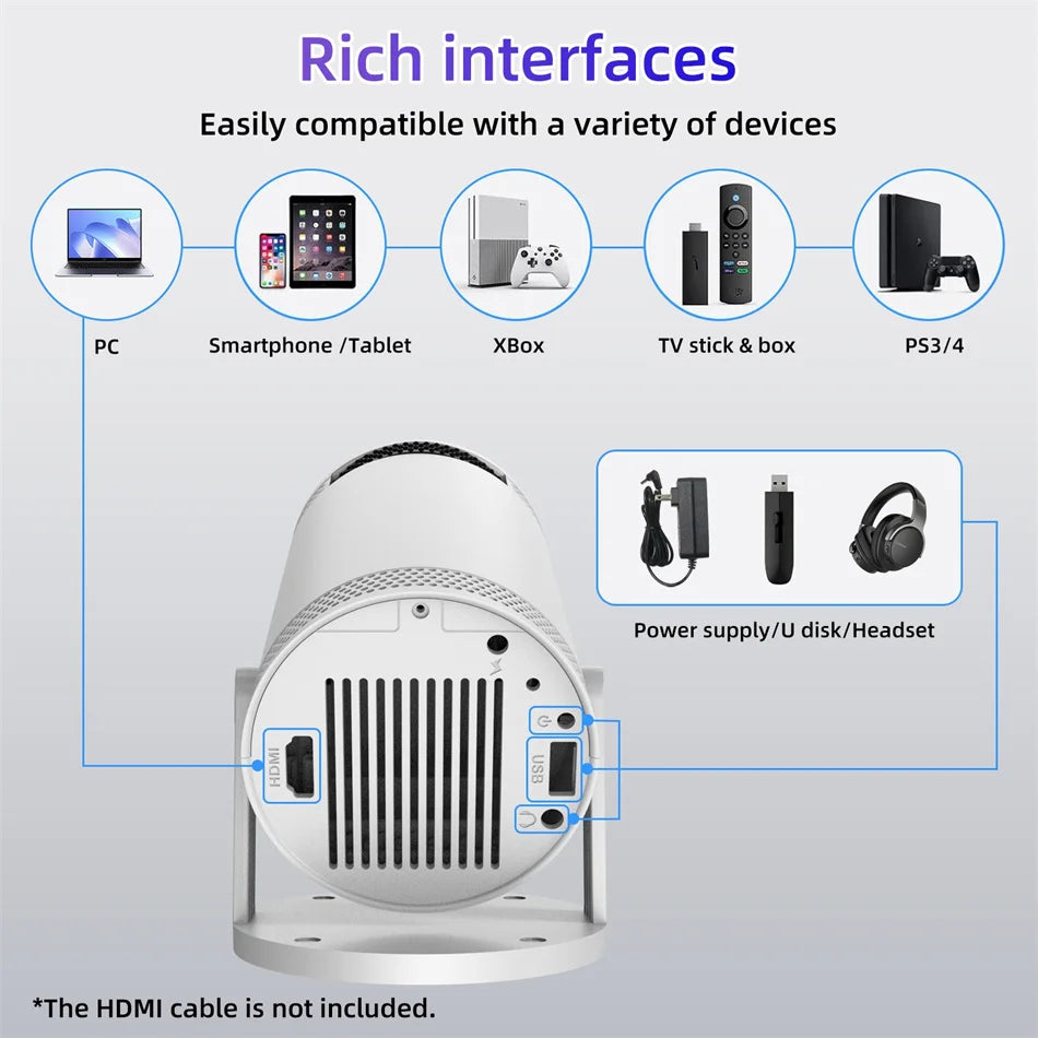 Portable Mini Projector Support 4K Dual Wifi6 260ANSI Bluetooth 5.0 1080P 1280*720P 180° rotation Home Cinema Outdoor Projectors