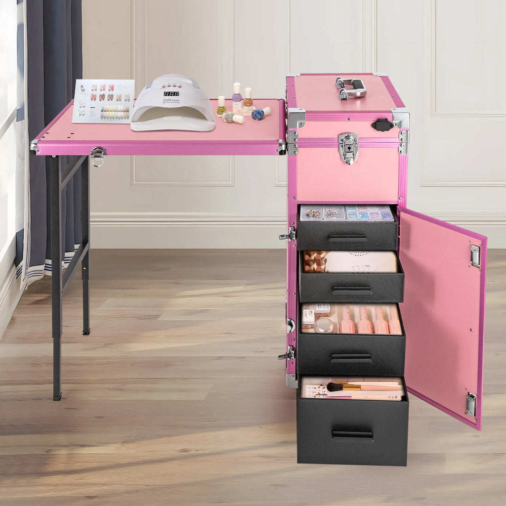 Rolling Manicure Desk Makeup Train Case, Travel Cosmetic Trolley, Storage Organizer Forhair Stylists Pet Groomers Makeup Artists