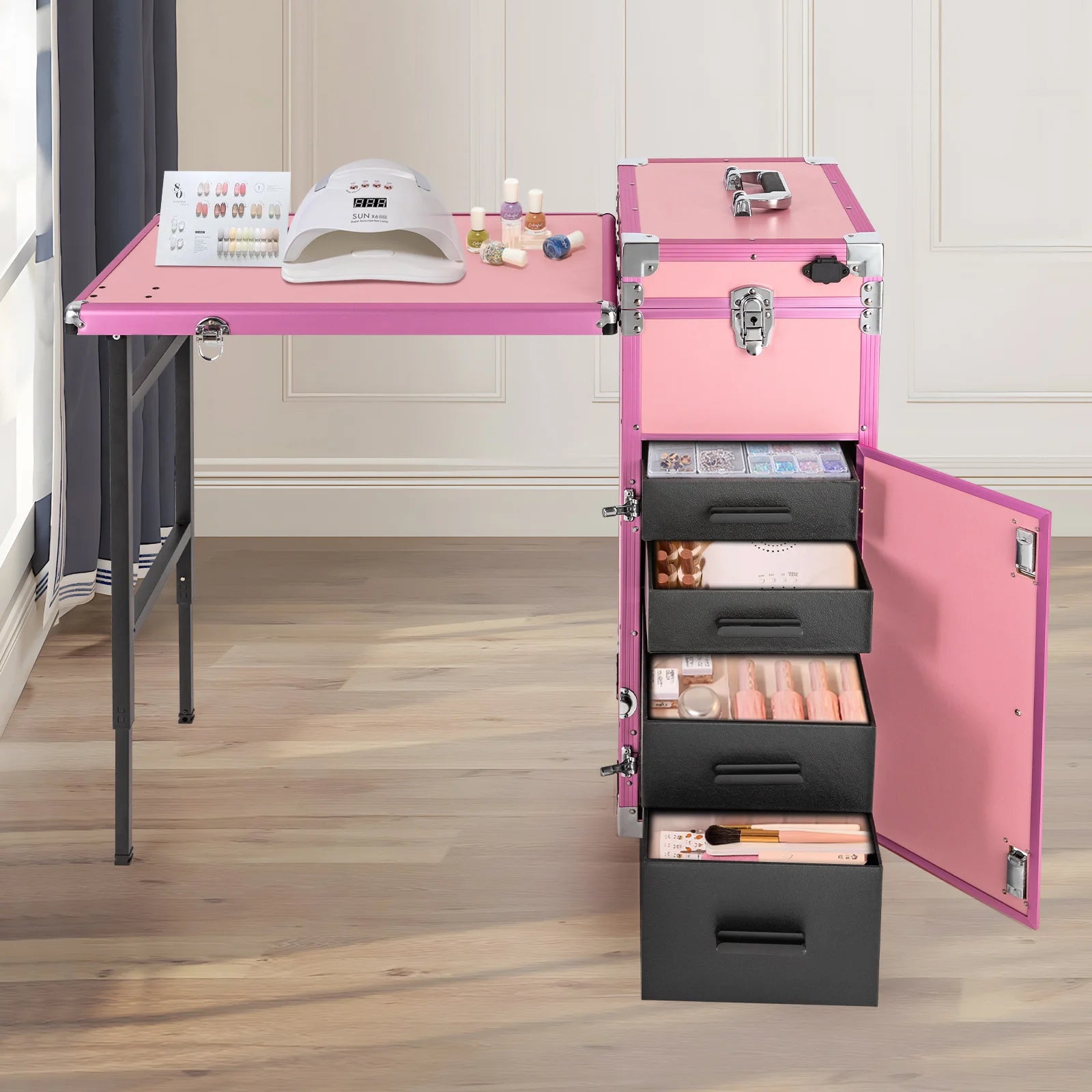 Rolling Manicure Desk Makeup Train Case, Travel Cosmetic Trolley, Storage Organizer Forhair Stylists Pet Groomers Makeup Artists