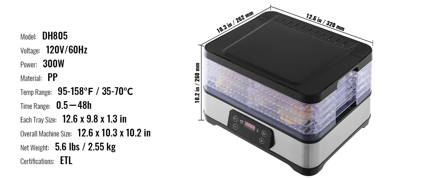 SucceBuy 5 Tray Food Dehydrator Machine 300W Stainless Steel Electric Food Dryer w/ Digital Adjustable Timer & Temperature