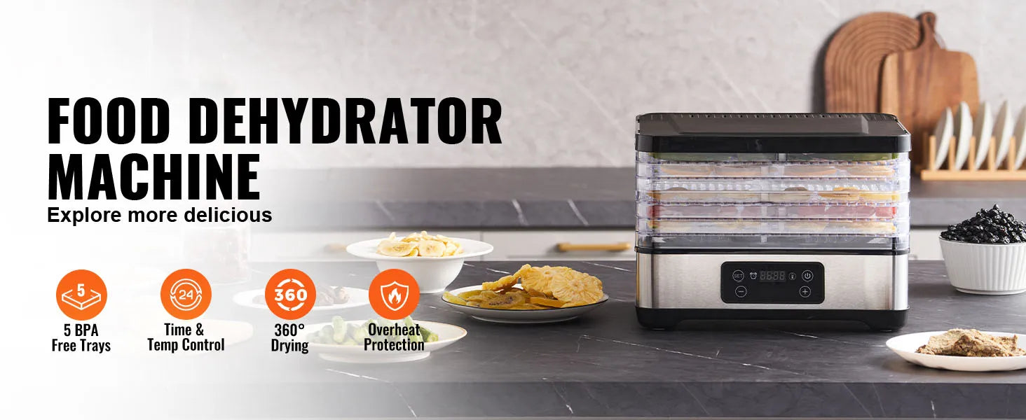 SucceBuy 5 Tray Food Dehydrator Machine 300W Stainless Steel Electric Food Dryer w/ Digital Adjustable Timer & Temperature
