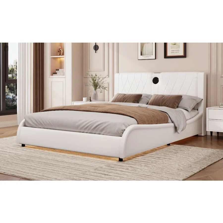 Queen Size Luxurious Faux Leather Upholstered Platform Bed with Thickened board Bluetooth Speakers and RGB LED Light No Box Spr