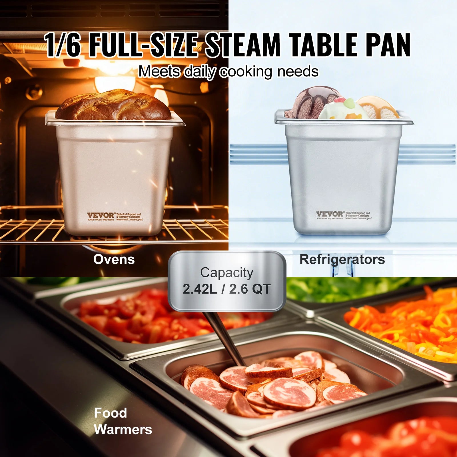 SucceBuy 6/8Pack Hotel Pans 4/6-Inch Deep Steam Table Pans 1/6 1/3 Full Size Chafing Pan 201 Stainless Steel Catering Food Pan
