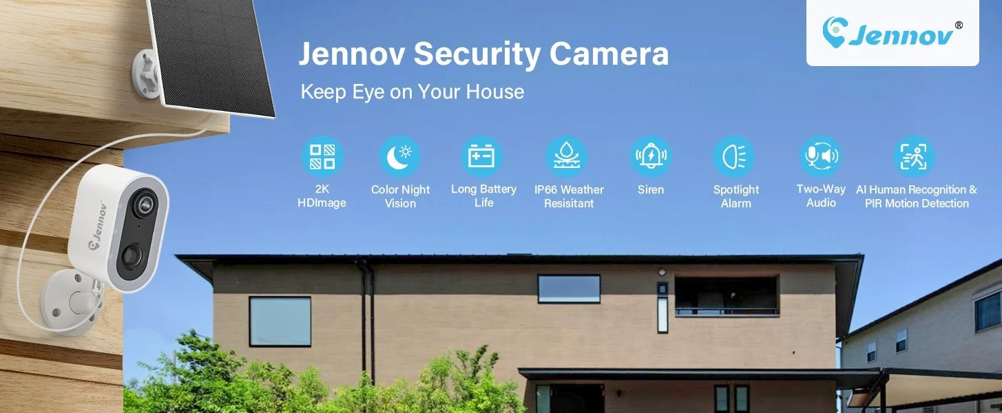 Jennov 2K Solar Panel Security Cameras Wireless Outdoor 2.4G WiFi Battery Powered Spotlight Night Vison Alarm Motion Surveillanc