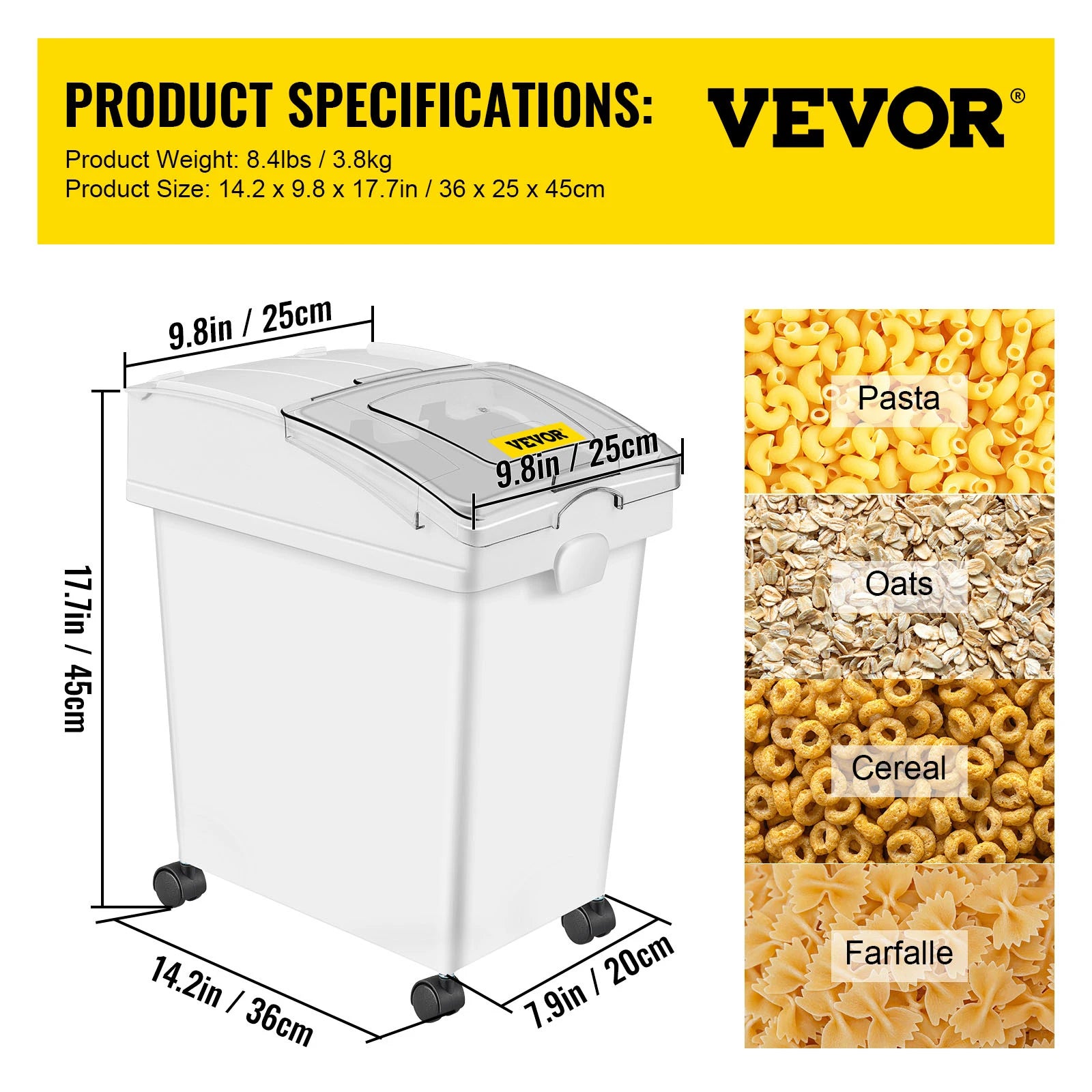 VEVOR 25L Dry Ingredient Storage Bin with Scoop Caster Dustproof Rice Flour Soybeans for Restaurant Kitchen Commercial