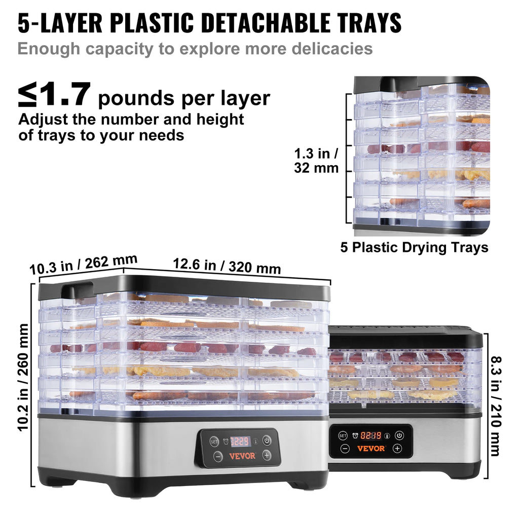 SucceBuy 5 Tray Food Dehydrator Machine 300W Stainless Steel Electric Food Dryer w/ Digital Adjustable Timer & Temperature