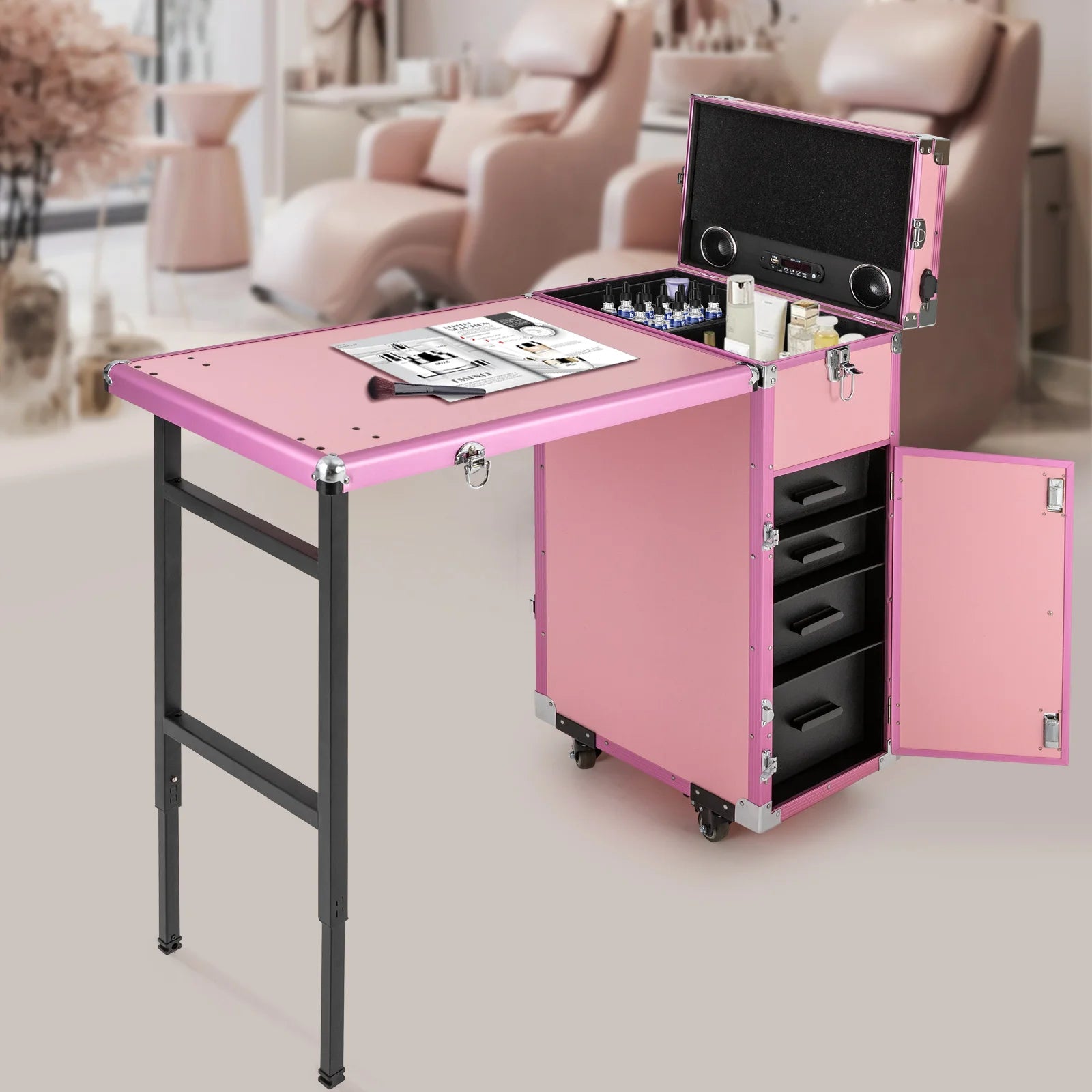 Rolling Manicure Desk Makeup Train Case, Travel Cosmetic Trolley, Storage Organizer Forhair Stylists Pet Groomers Makeup Artists