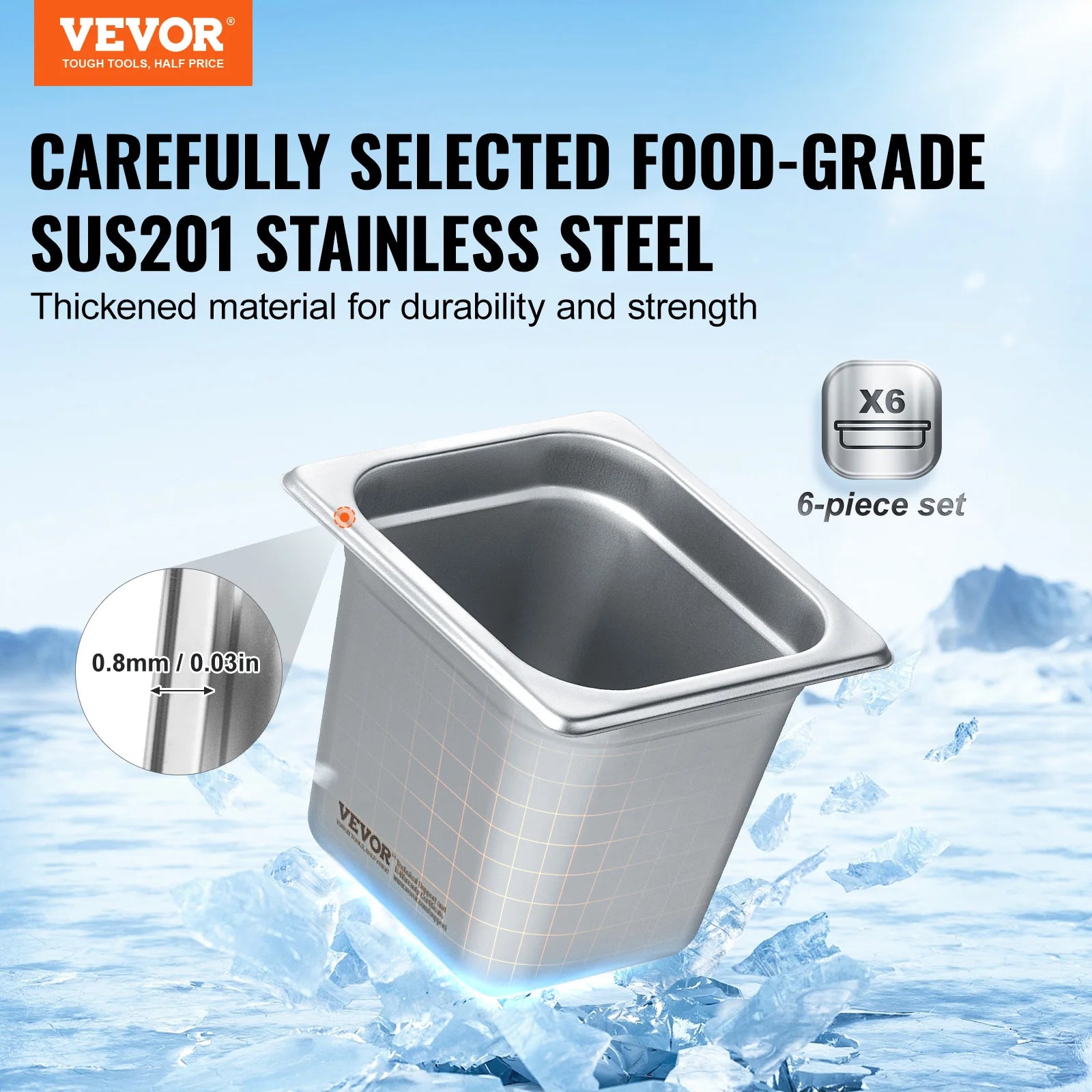 SucceBuy 6/8Pack Hotel Pans 4/6-Inch Deep Steam Table Pans 1/6 1/3 Full Size Chafing Pan 201 Stainless Steel Catering Food Pan