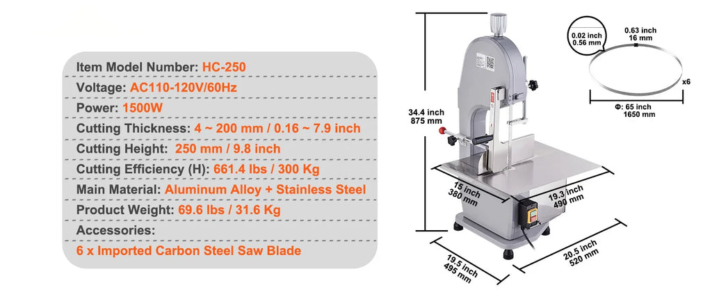 SucceBuy Commercial Electric Meat Bone Saw Machine 1500W Stainless Steel Blade Bone Bandsaw Machine Workbench Countertop Bone