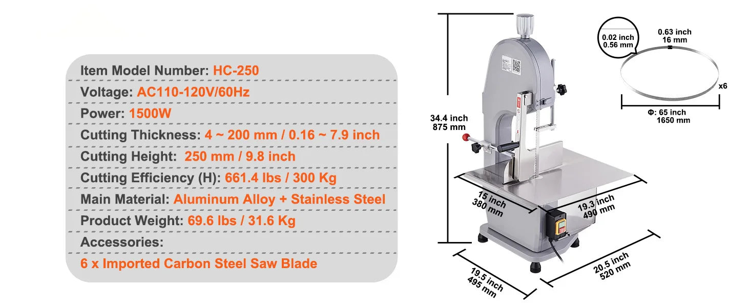 SucceBuy Commercial Electric Meat Bone Saw Machine 1500W Stainless Steel Blade Bone Bandsaw Machine Workbench Countertop Bone
