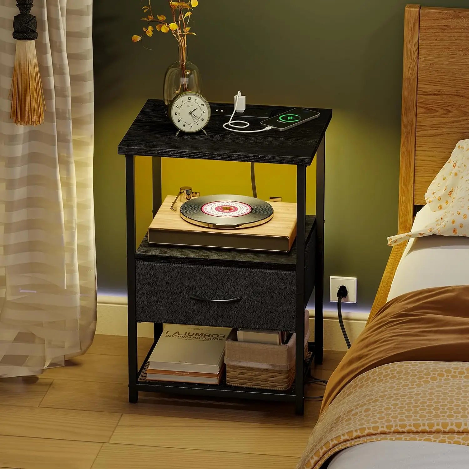 Night Stand Set of 2 with Charging Station, LED Nightstand with Fabric Drawers, End Table with PU Finish, Bed Side Table, Black