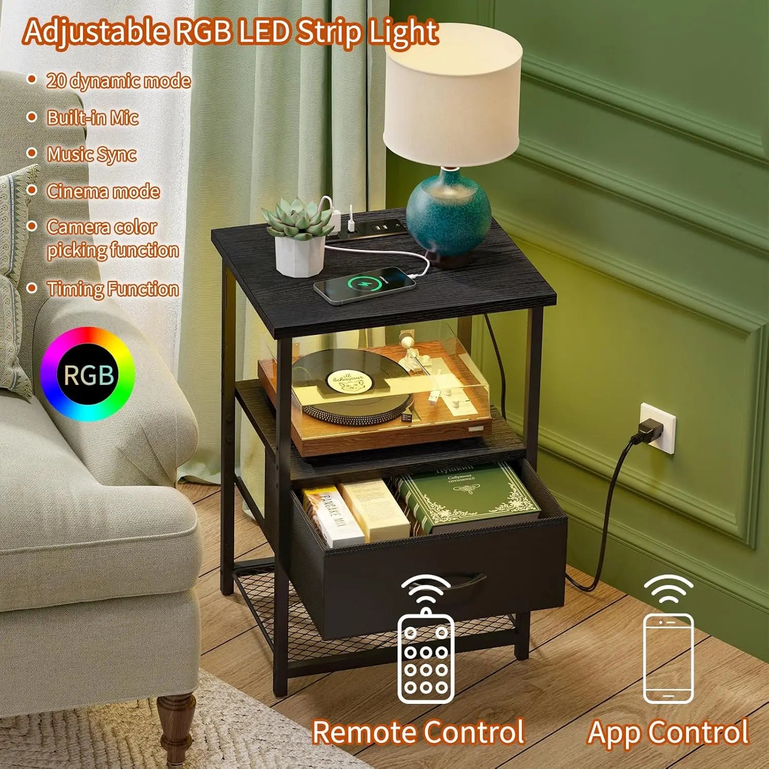Night Stand Set of 2 with Charging Station, LED Nightstand with Fabric Drawers, End Table with PU Finish, Bed Side Table, Black