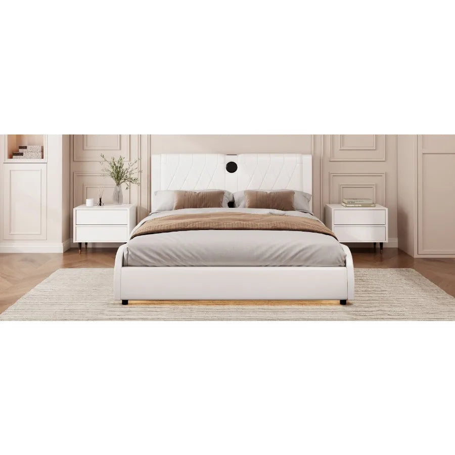 Queen Size Luxurious Faux Leather Upholstered Platform Bed with Thickened board Bluetooth Speakers and RGB LED Light No Box Spr