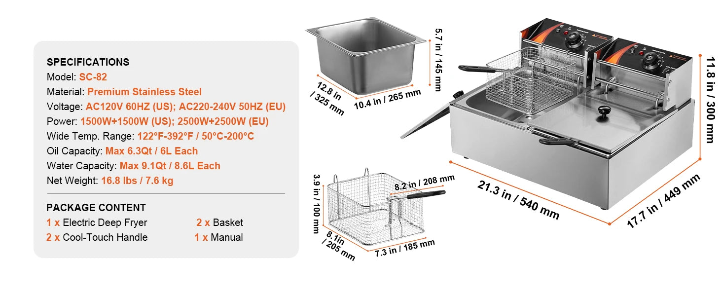 SucceBuy  12L Electric Deep Fryer w/Dual Removable Tanks Commercial Countertop  Fryer for Chicken French Fries Frying Chips