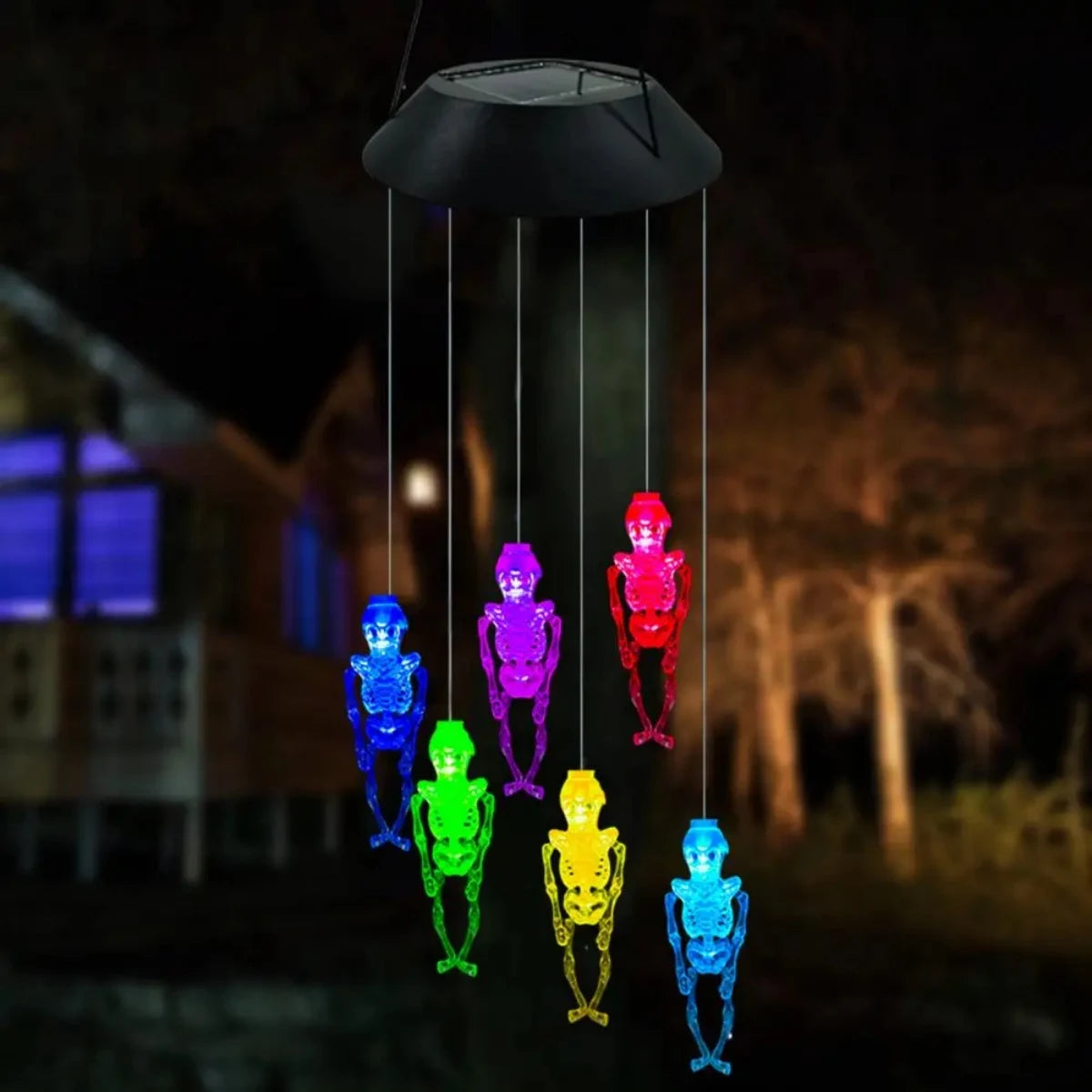 1PC Halloween 6LED Skull Wind Chime Lamp Solar Powered Hanging Atmosphere Decorative Color Changing Light Suitable For Home