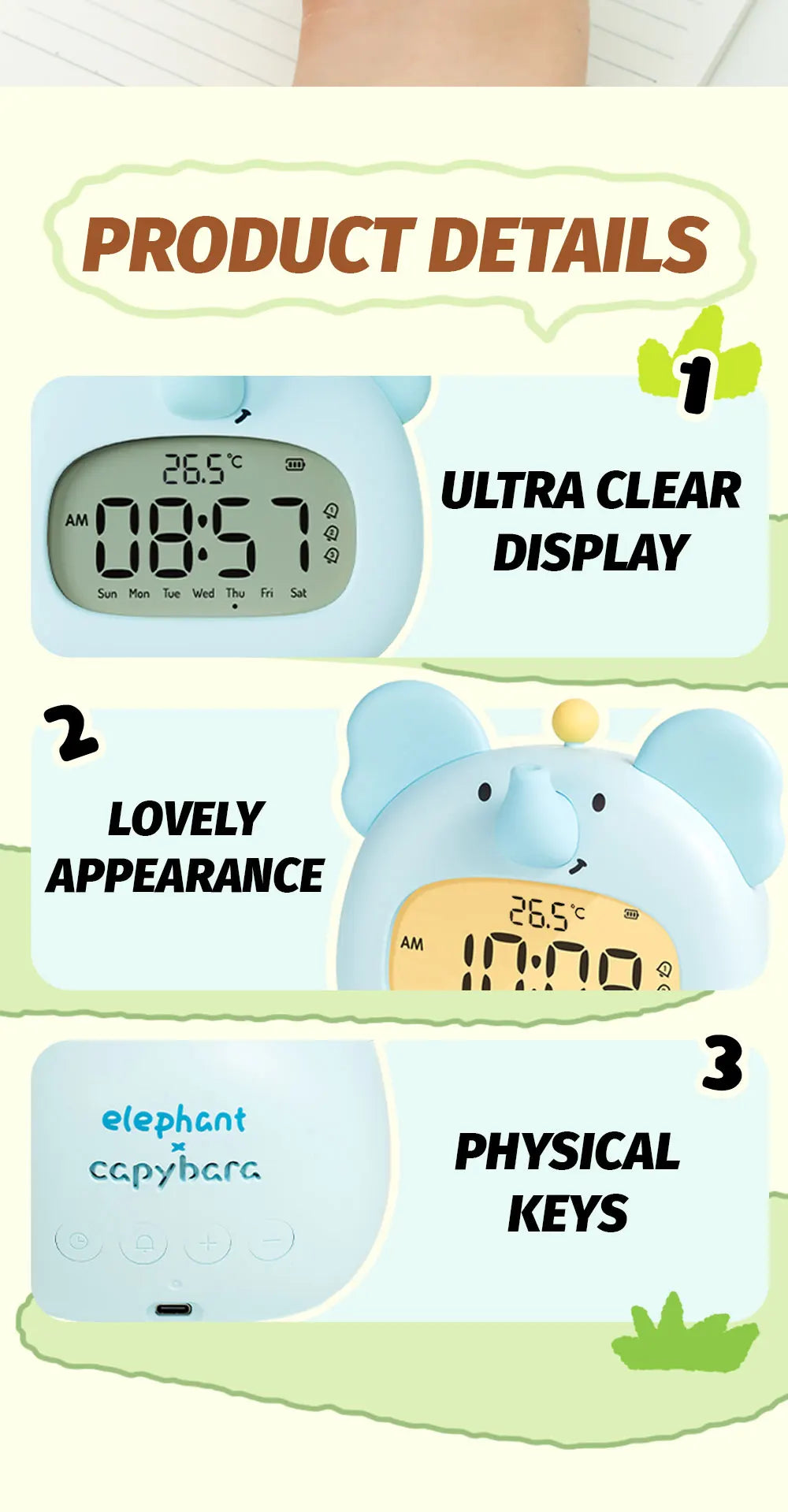 LED Alarm Clock With Night Light Multi-functional Timer Wake Up Alarm Clocks Capybara Axolotl Koala Bedroom Desk Decor Kids Gift