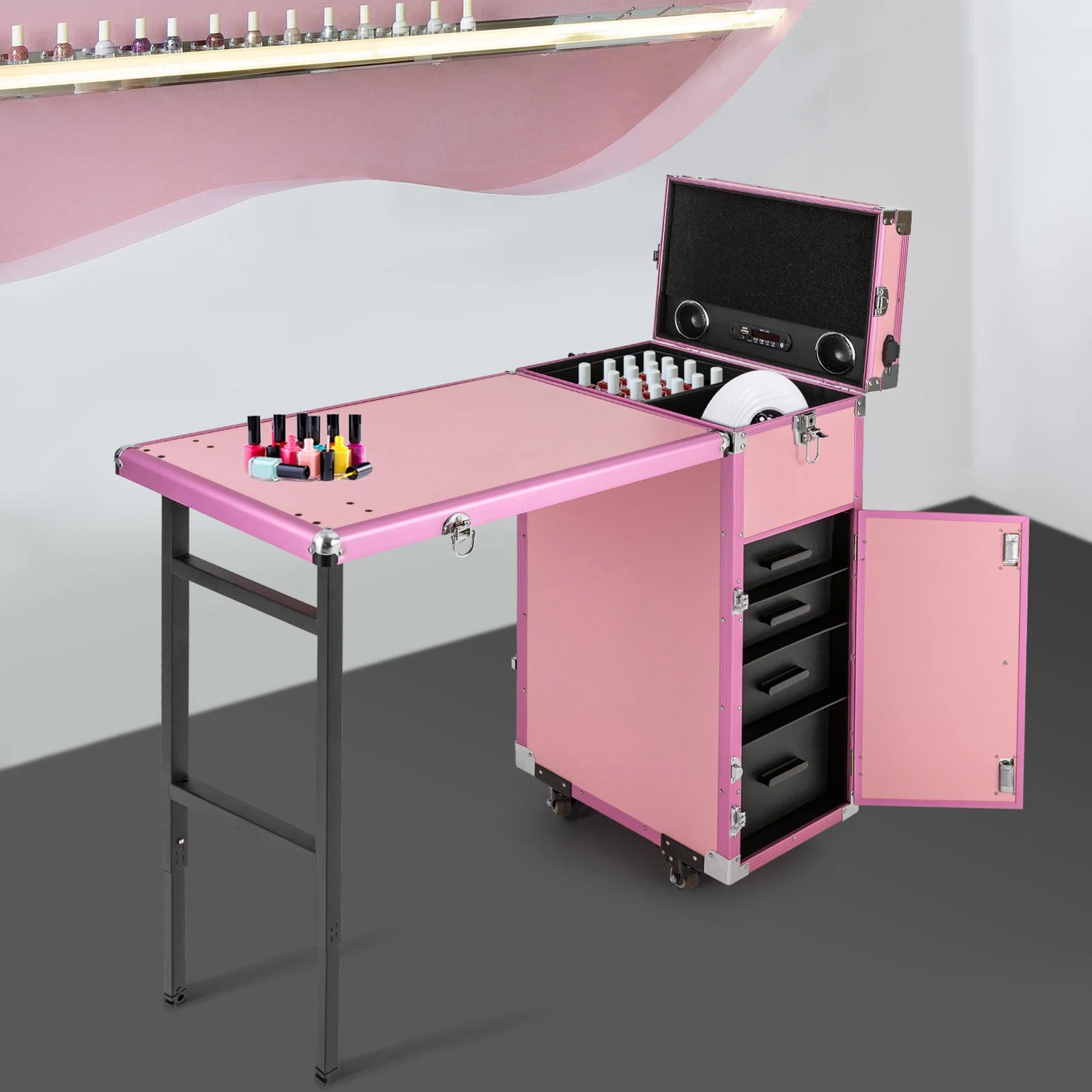 Rolling Manicure Desk Makeup Train Case, Travel Cosmetic Trolley, Storage Organizer Forhair Stylists Pet Groomers Makeup Artists