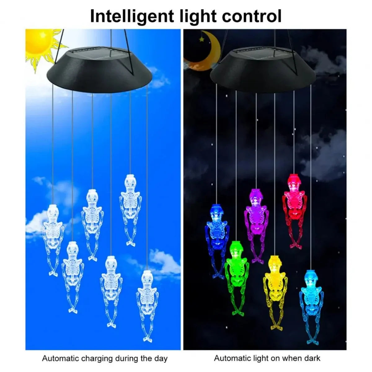 1PC Halloween 6LED Skull Wind Chime Lamp Solar Powered Hanging Atmosphere Decorative Color Changing Light Suitable For Home